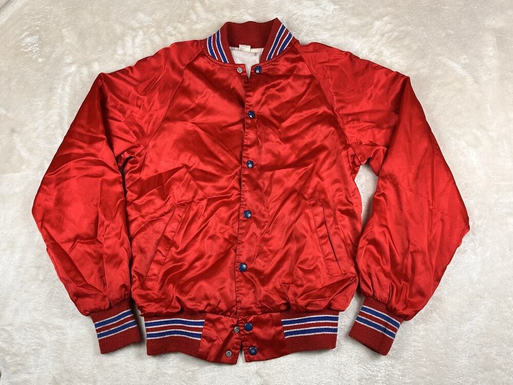 Vintage 80’s Chain Stitch Jacket Men's S Red Satin Bomber Blank Made In USA